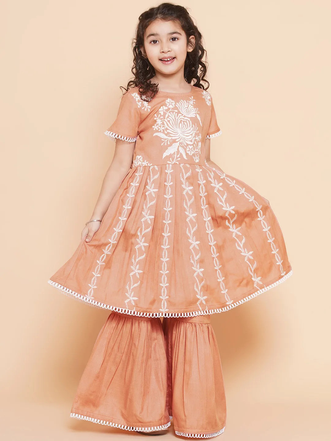 Girls Peach Floral Embroidered Kurta With Sharara