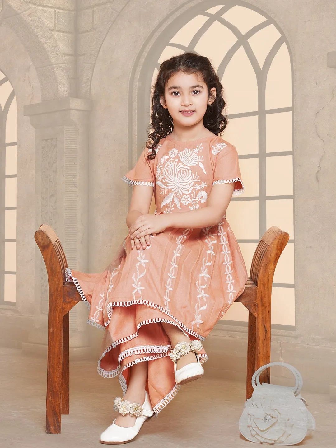 Girls Peach Floral Embroidered Kurta With Sharara