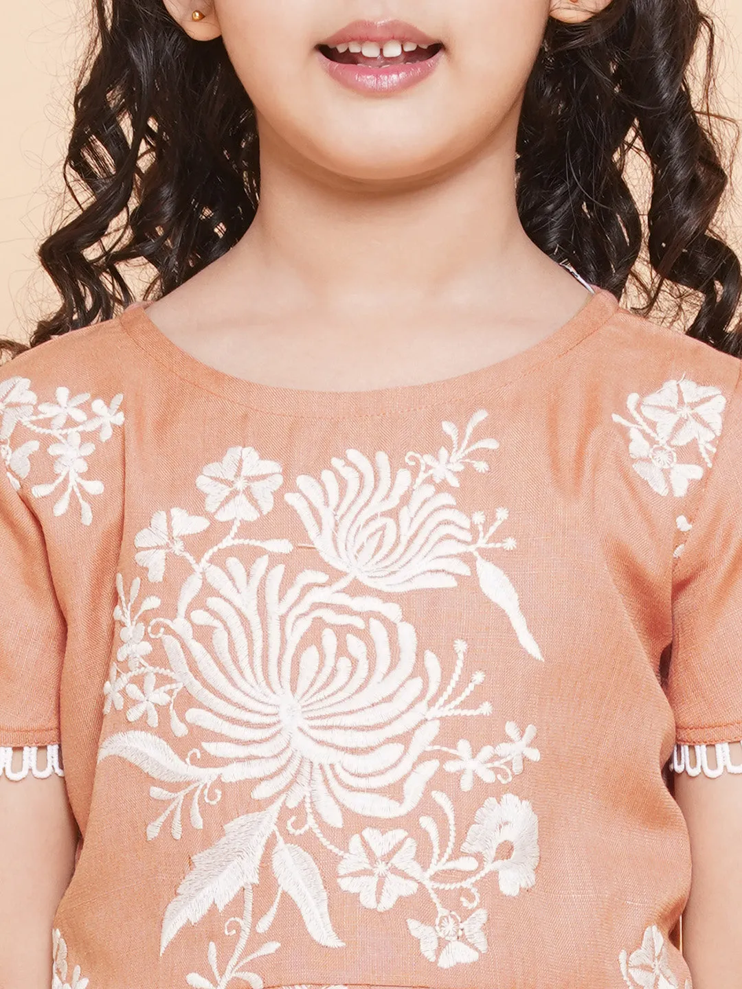 Girls Peach Floral Embroidered Kurta With Sharara