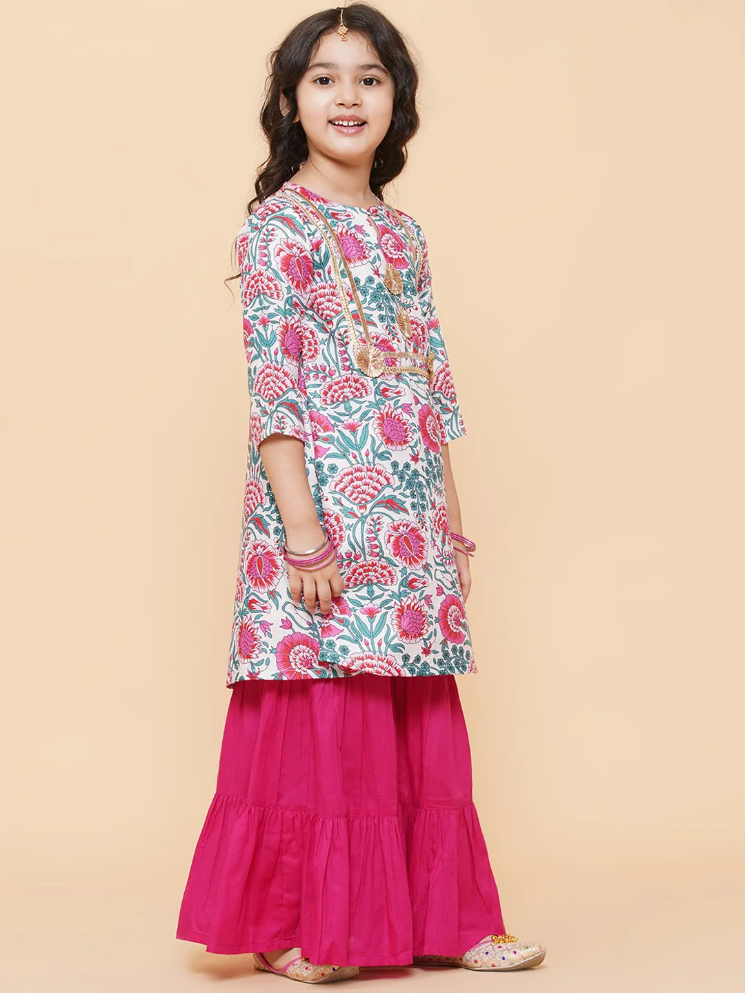 Girls White Floral Printed Kurta With Sharara