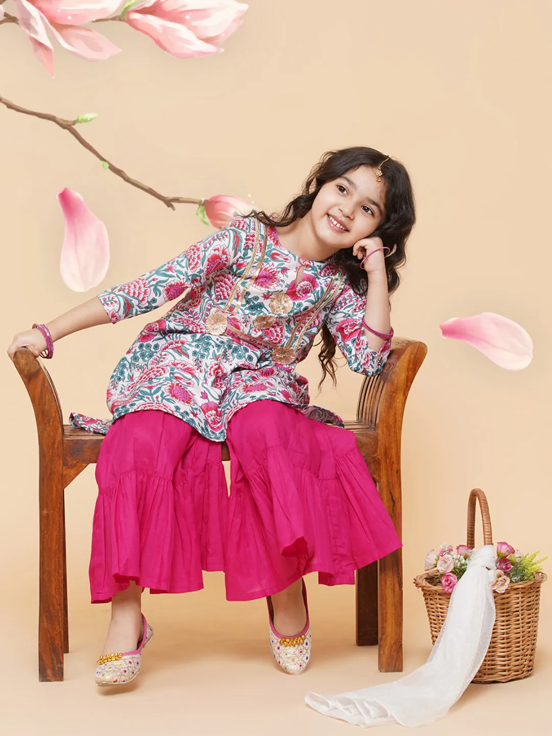 Girls White Floral Printed Kurta With Sharara