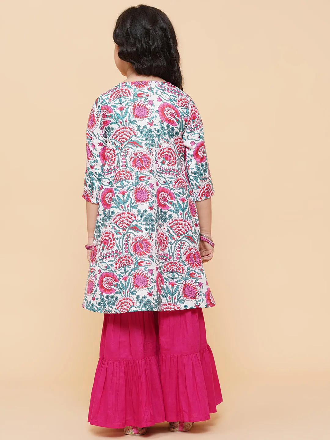 Girls White Floral Printed Kurta With Sharara