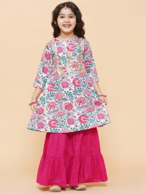 Girls White Floral Printed Kurta With Sharara