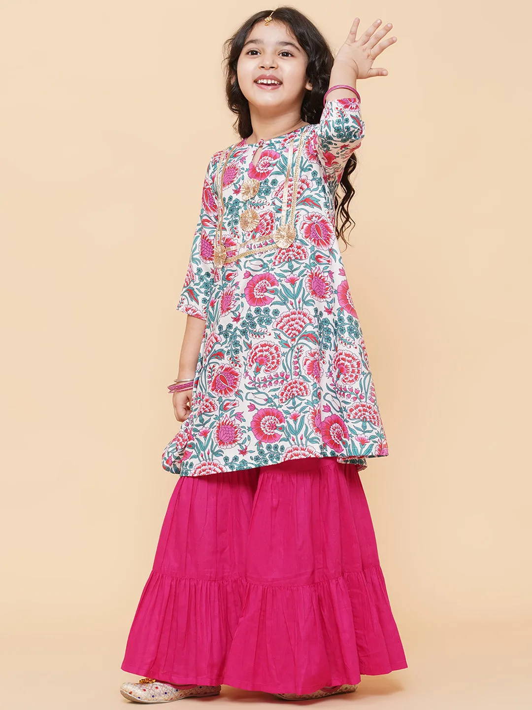 Girls White Floral Printed Kurta With Sharara