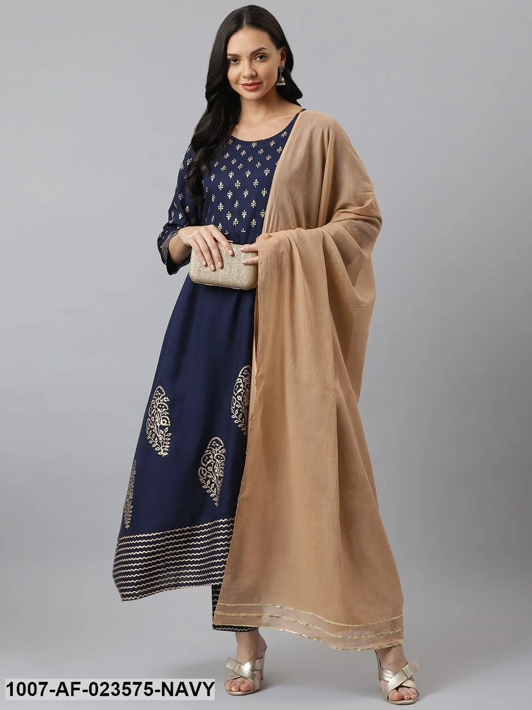 Gold Printed Rayon Flared Kurta Pant Dupatta Set