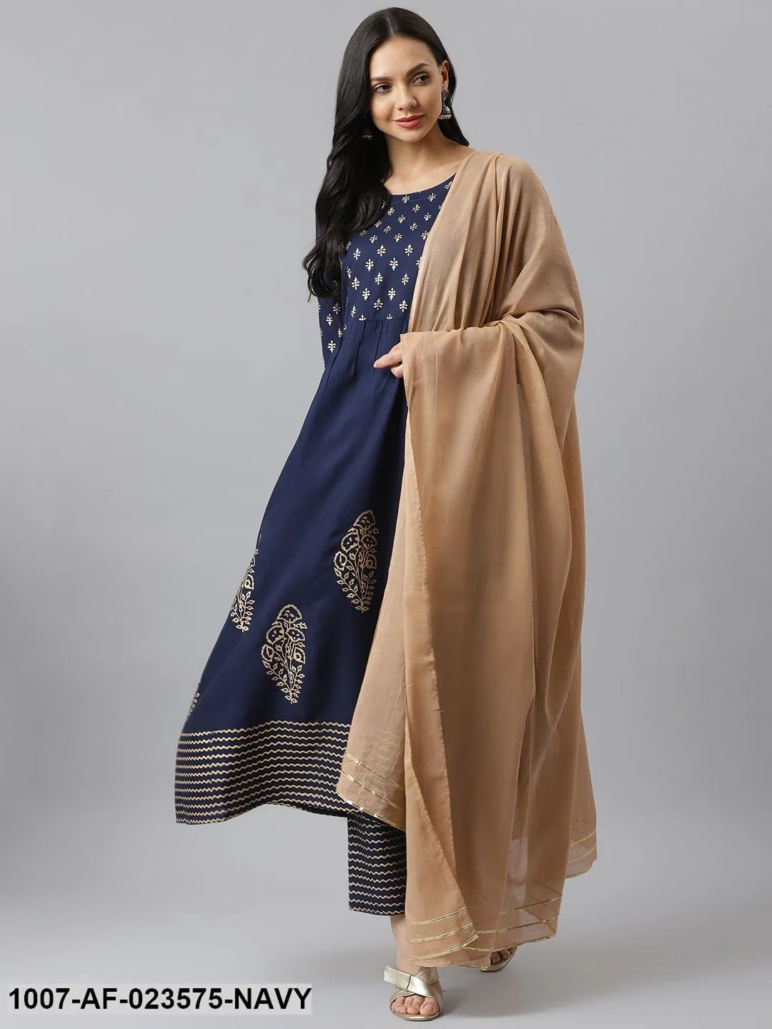 Gold Printed Rayon Flared Kurta Pant Dupatta Set