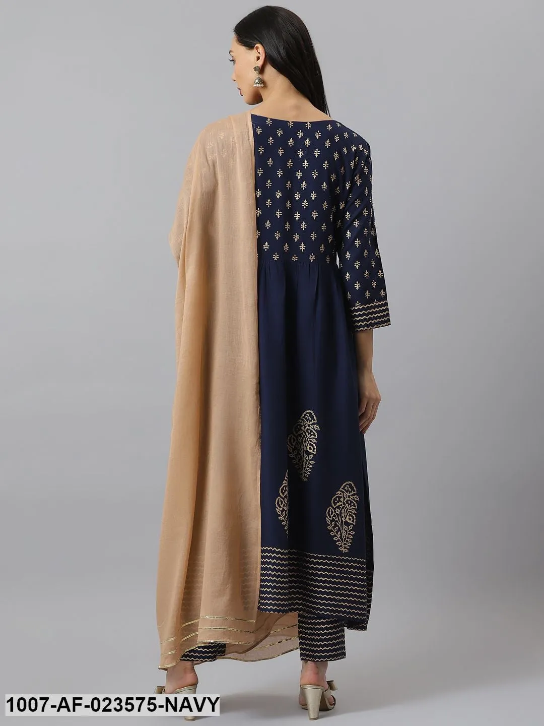 Gold Printed Rayon Flared Kurta Pant Dupatta Set