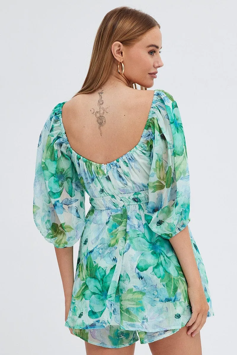 Green Floral Playsuit Short Sleeve Floral Print Chiffon