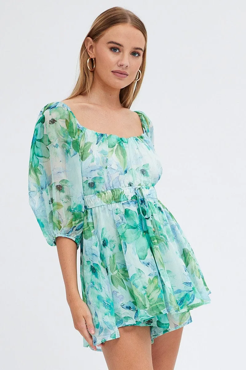 Green Floral Playsuit Short Sleeve Floral Print Chiffon