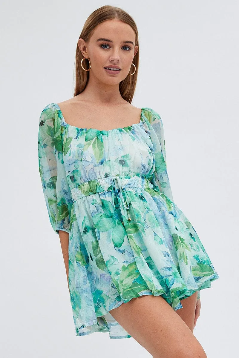 Green Floral Playsuit Short Sleeve Floral Print Chiffon