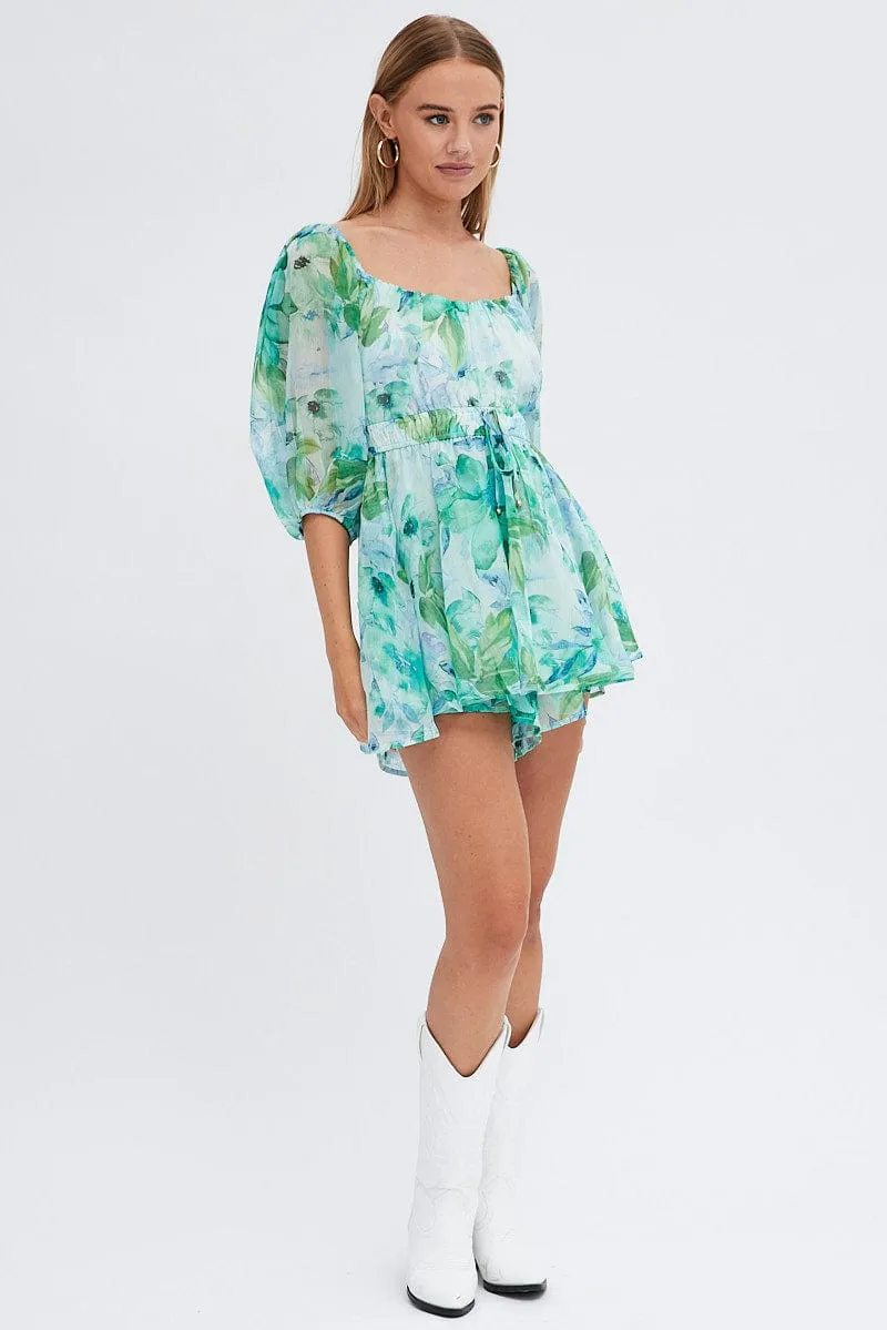 Green Floral Playsuit Short Sleeve Floral Print Chiffon