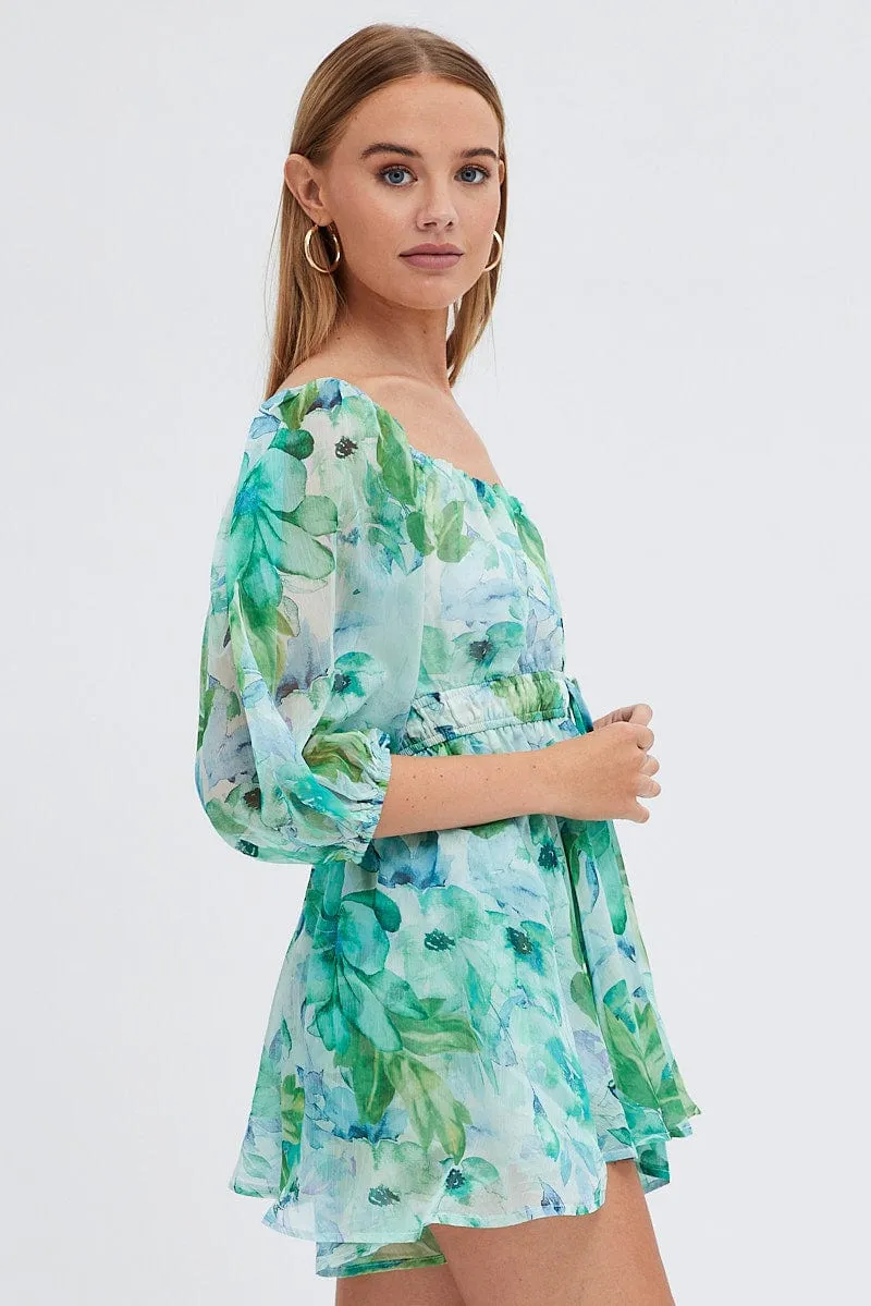 Green Floral Playsuit Short Sleeve Floral Print Chiffon