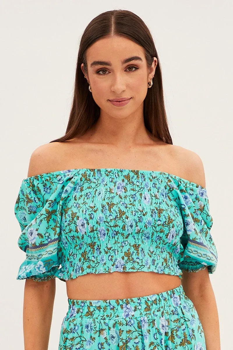 Green Frilled Hem Half Puff Sleeve Square Neck Crop