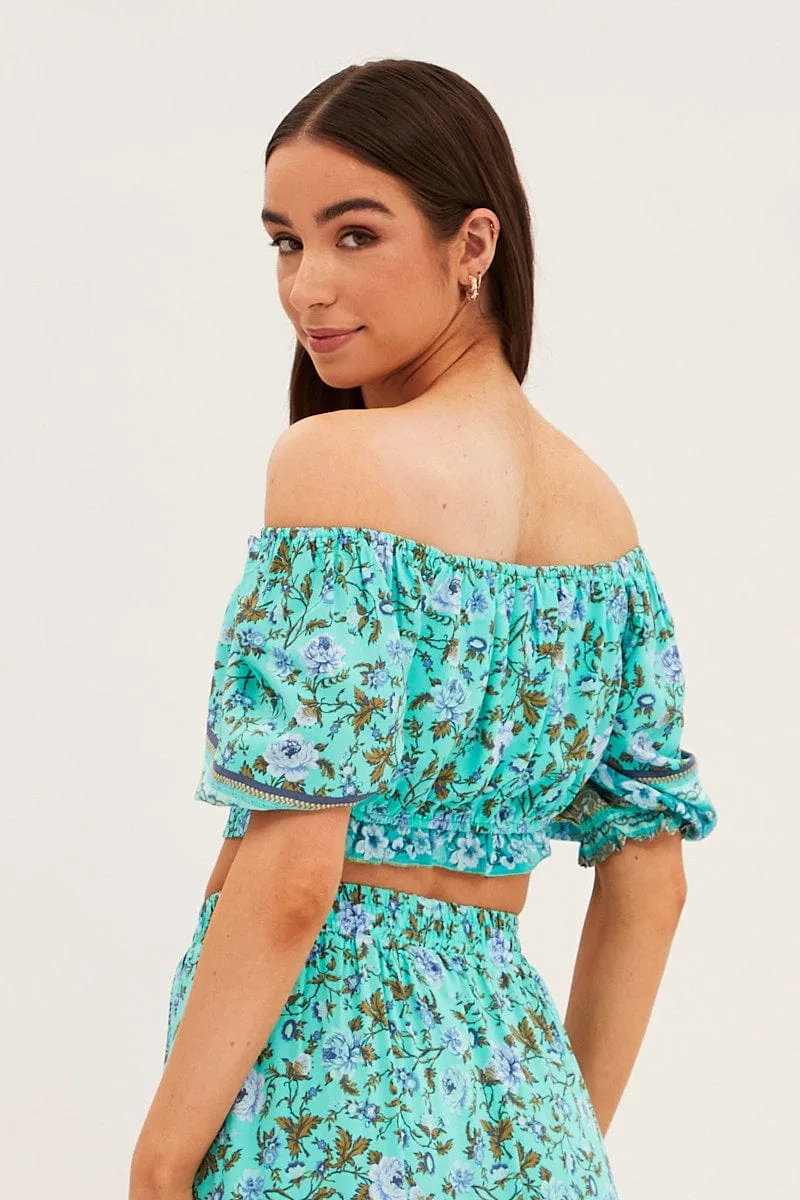 Green Frilled Hem Half Puff Sleeve Square Neck Crop