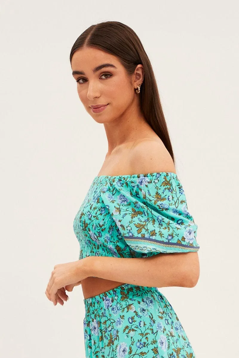 Green Frilled Hem Half Puff Sleeve Square Neck Crop