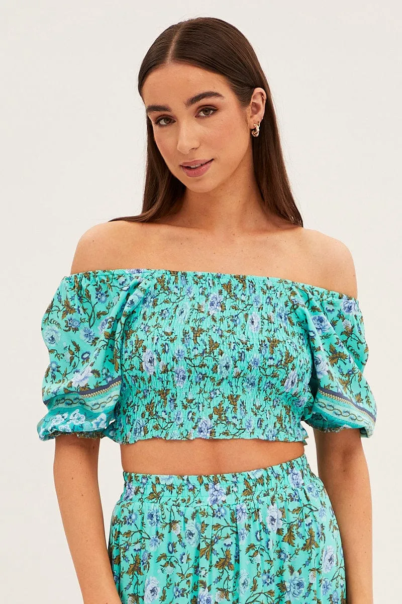 Green Frilled Hem Half Puff Sleeve Square Neck Crop