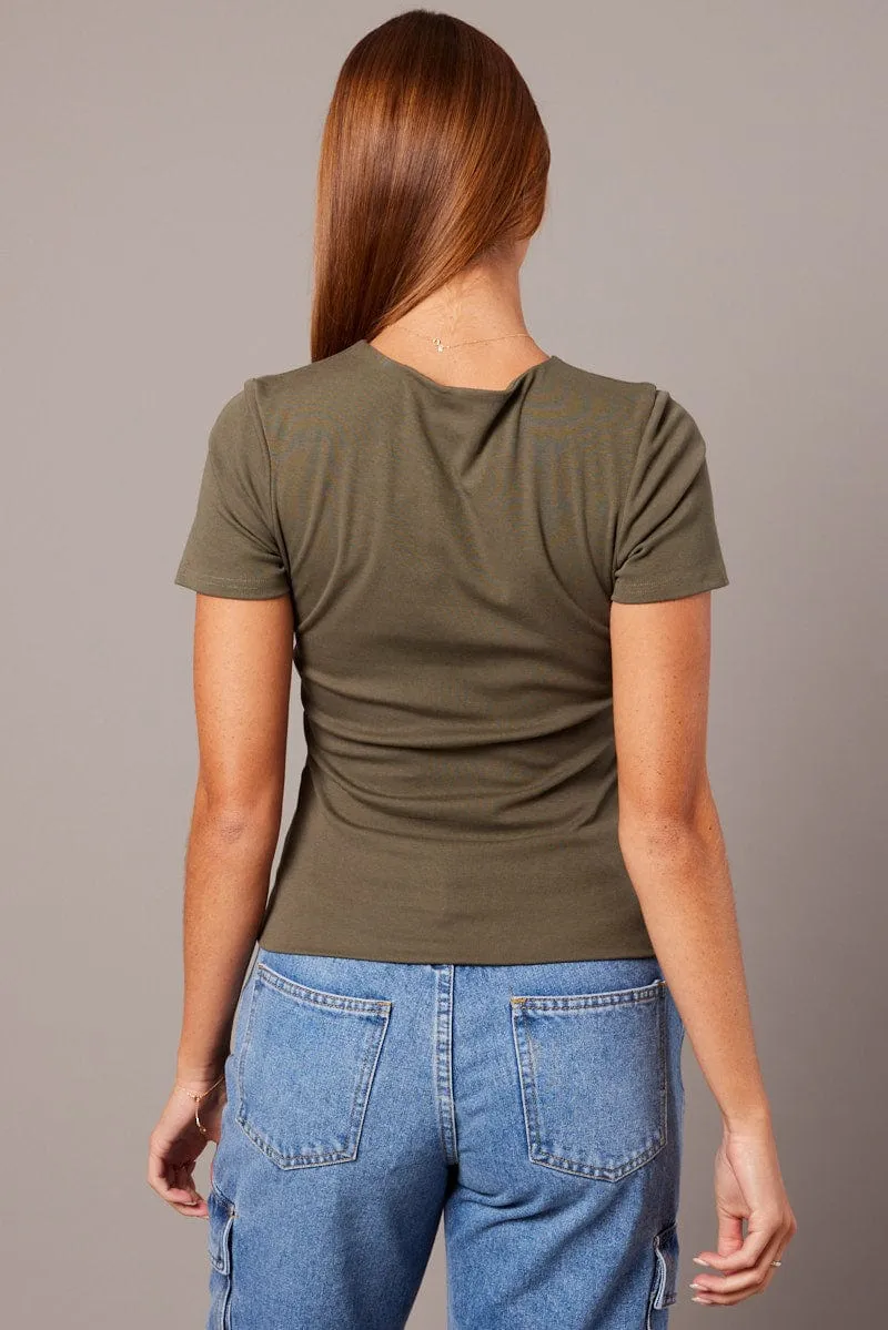 Green T Shirt Short Sleeve Round Neck Longline Lined