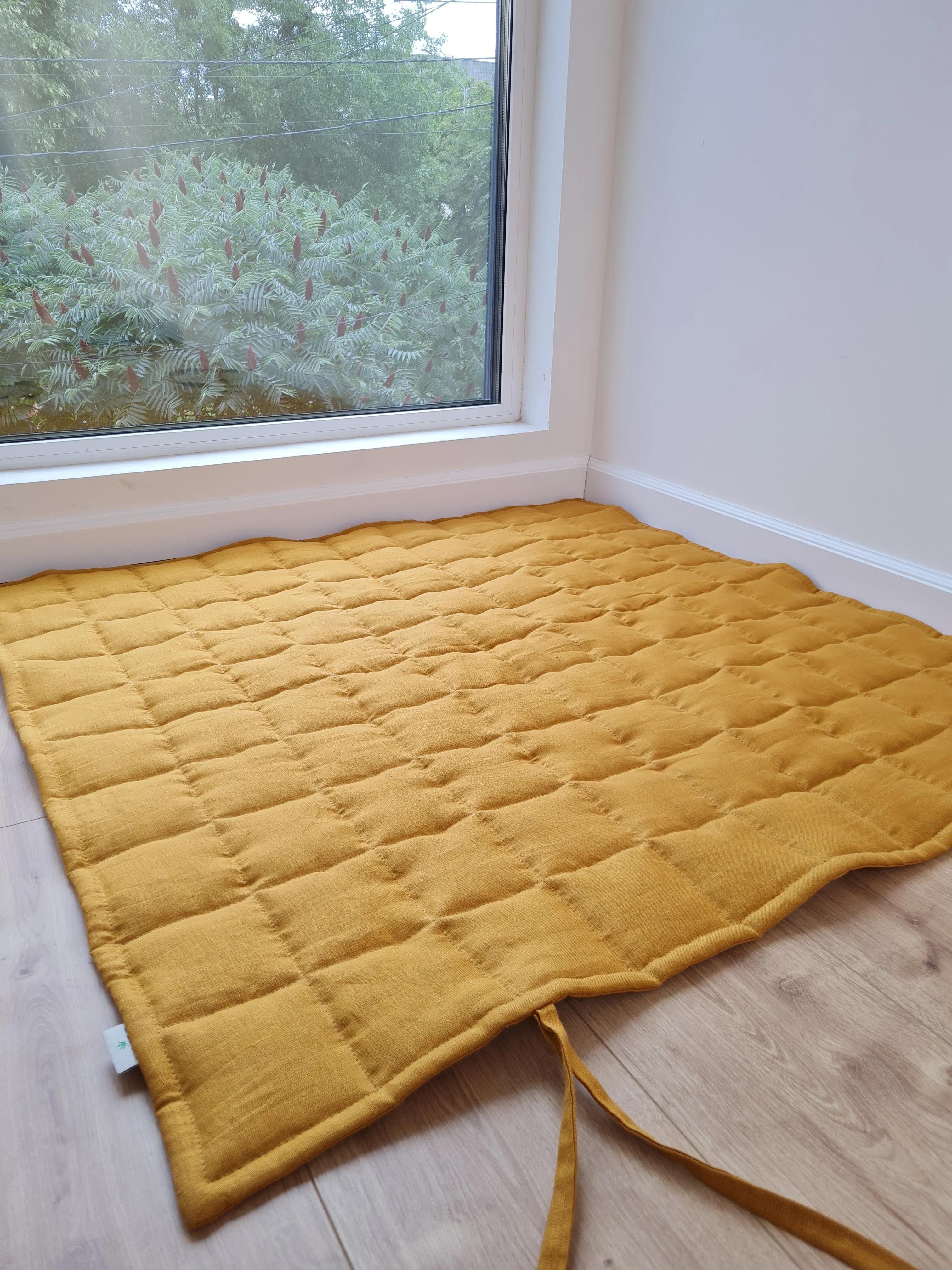 Hemp Linen Play Mat filled HEMP Fiber in Natural Linen fabric Light Yellow Mustard Blanky padded