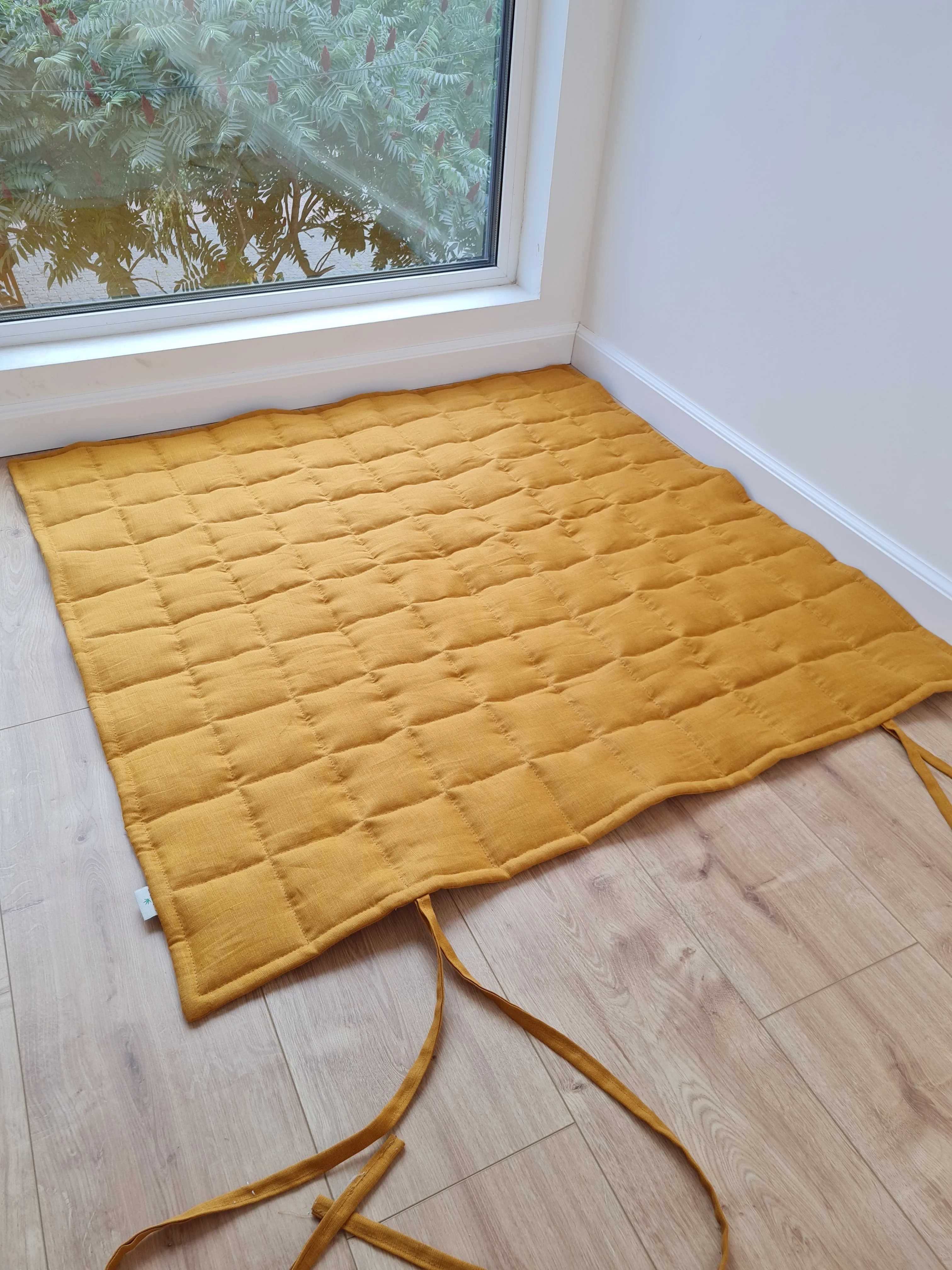 Hemp Linen Play Mat filled HEMP Fiber in Natural Linen fabric Light Yellow Mustard Blanky padded