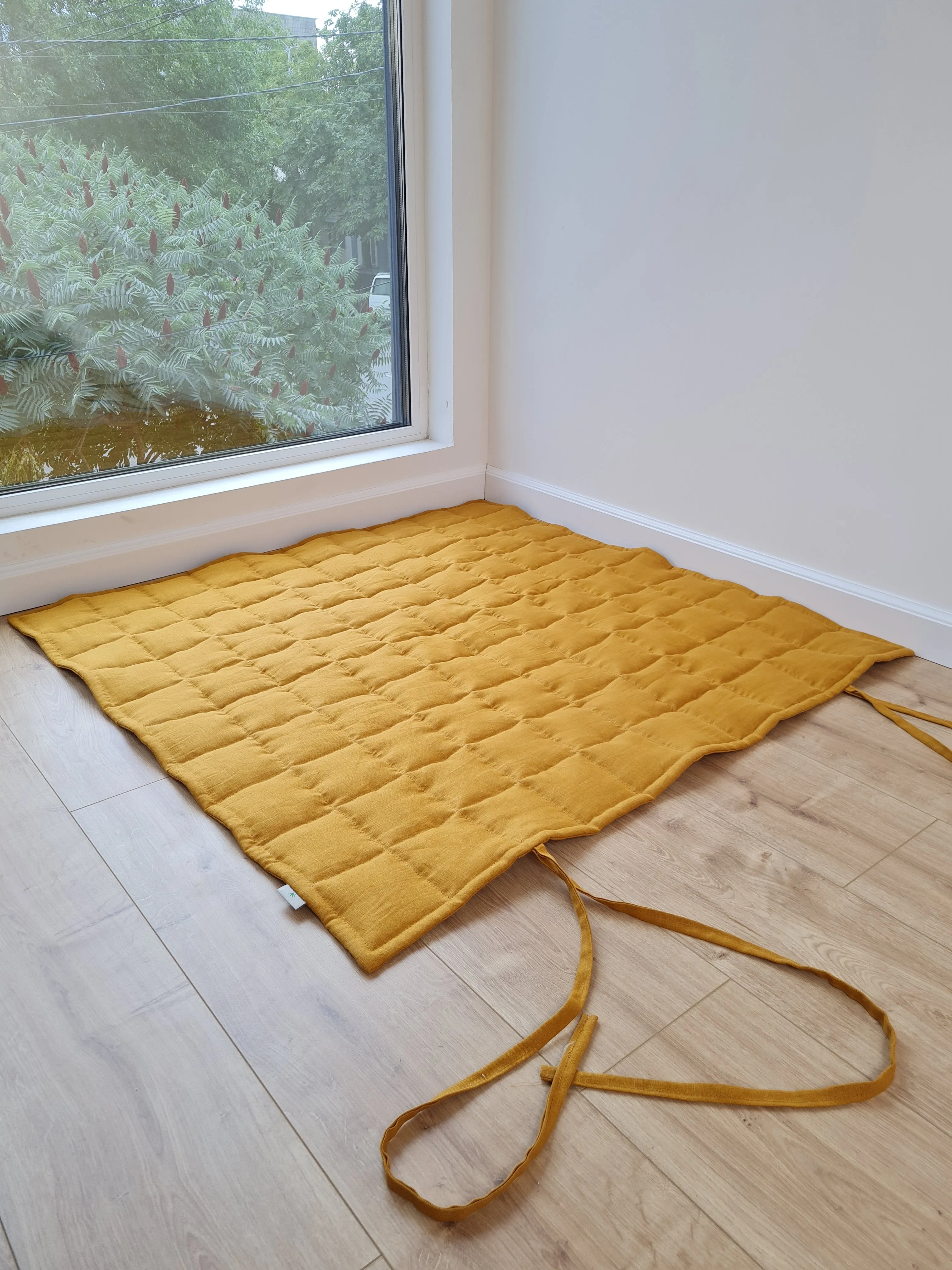 Hemp Linen Play Mat filled HEMP Fiber in Natural Linen fabric Light Yellow Mustard Blanky padded