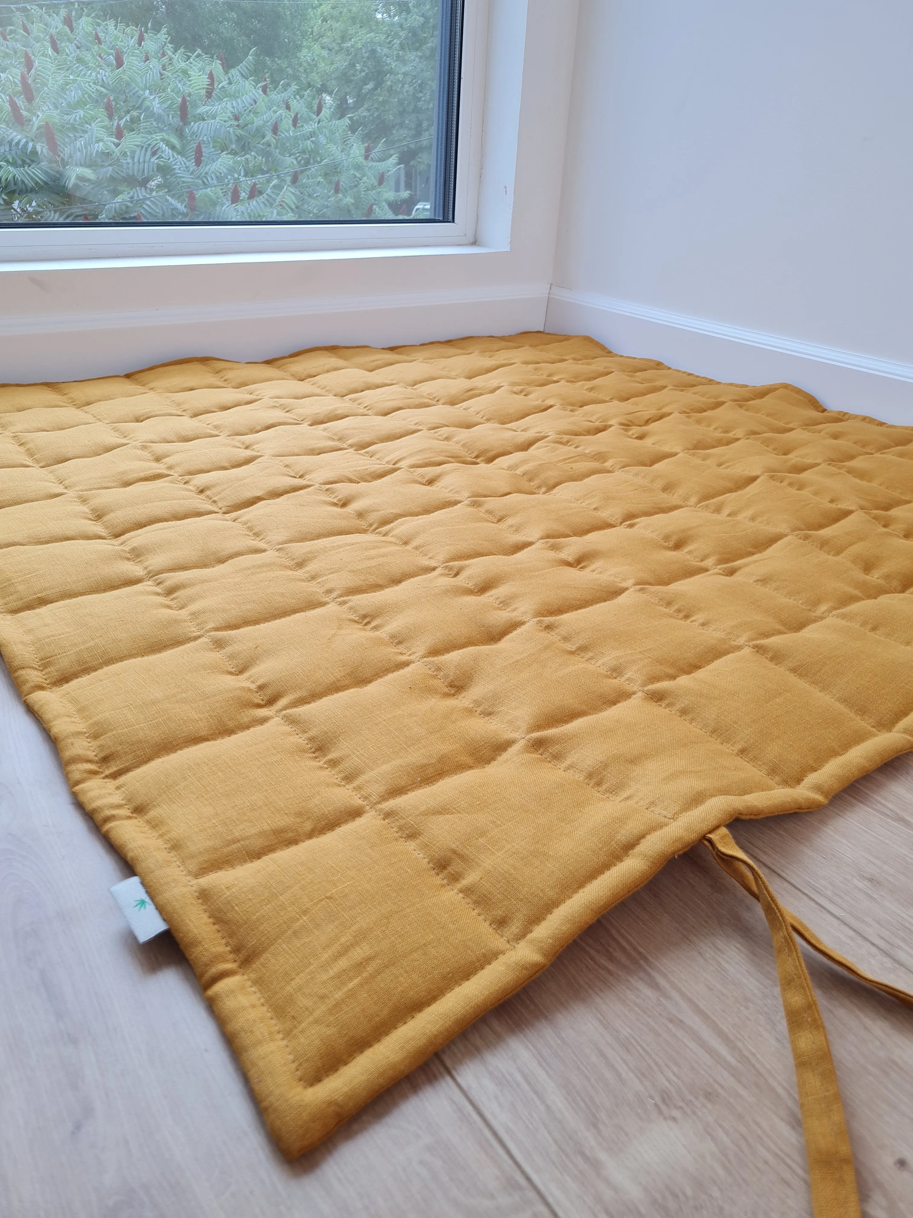 Hemp Linen Play Mat filled HEMP Fiber in Natural Linen fabric Light Yellow Mustard Blanky padded