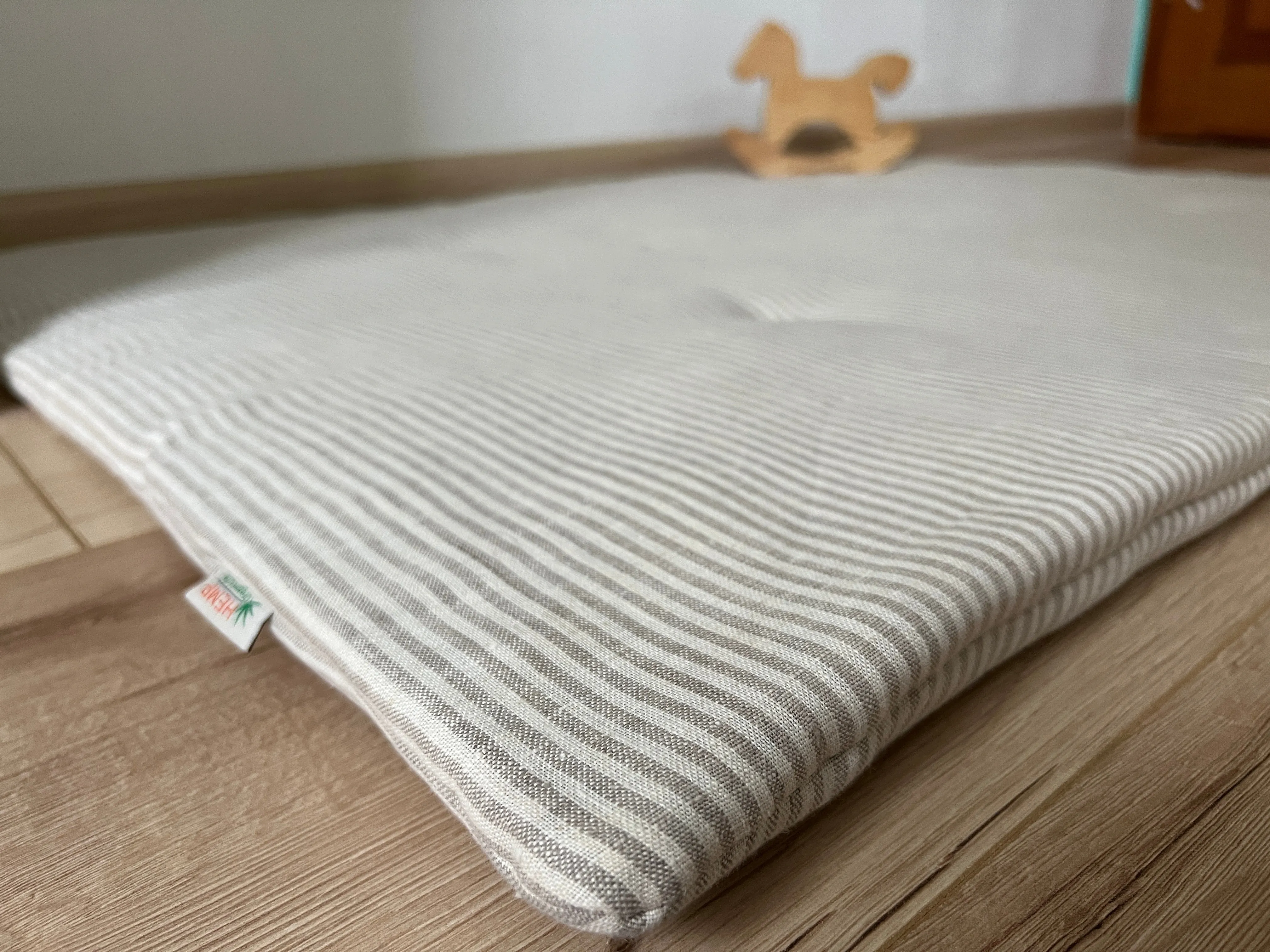 Hemp Linen Play Mat filled organic HEMP Fiber in Natural Linen fabric Stripe Nursery Blanky padded Montessori playmat baby room decoration