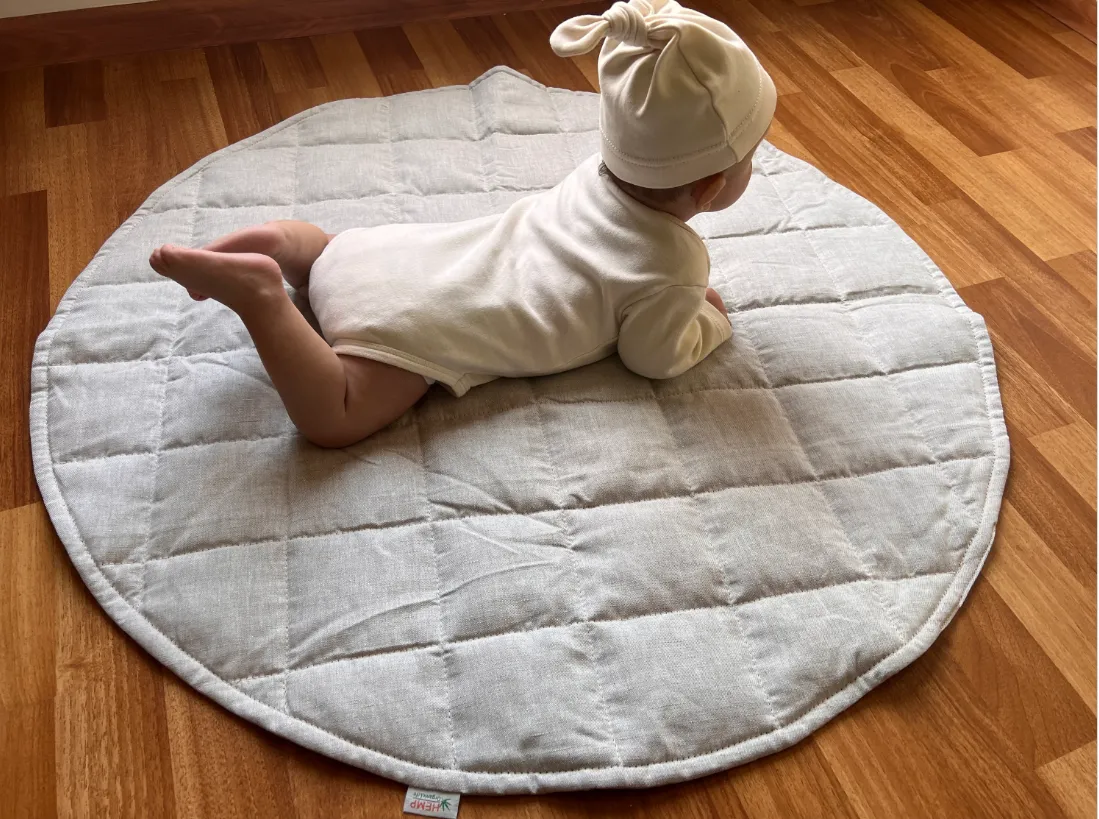 Hemp Linen Round Play mat filled HEMP Fiber in non-dyed linen fabric play quilted mat kids Activity Tummy time mat