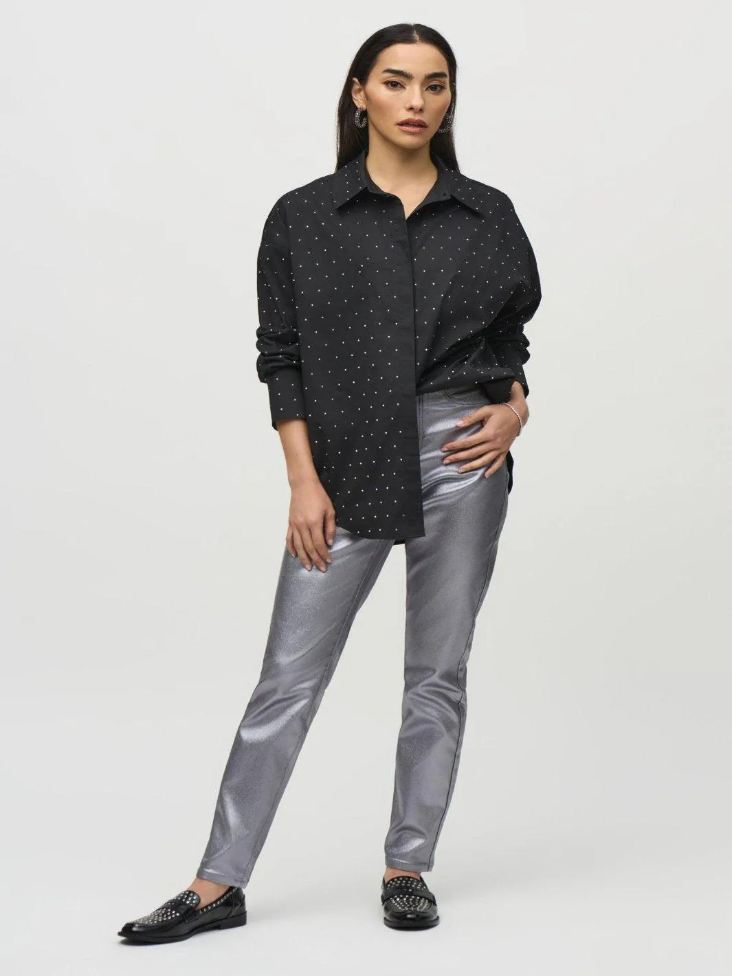 Joseph Ribkoff Stretch Cotton Blouse With Rhinestones In Black - 244950