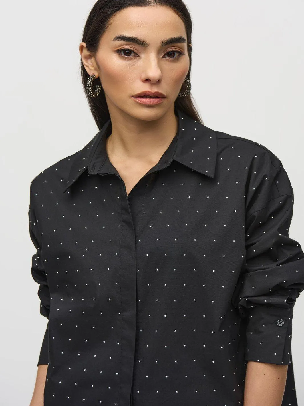 Joseph Ribkoff Stretch Cotton Blouse With Rhinestones In Black - 244950