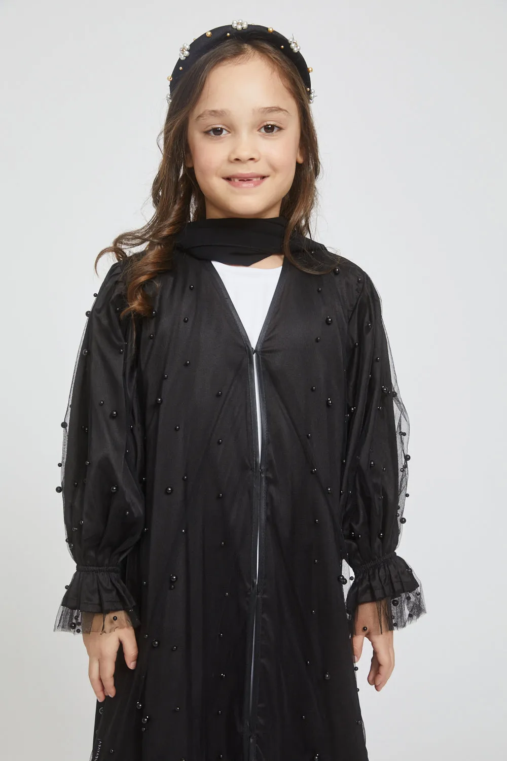 Junior Girls Tulle Open Abaya with Pearls and Frills - Black