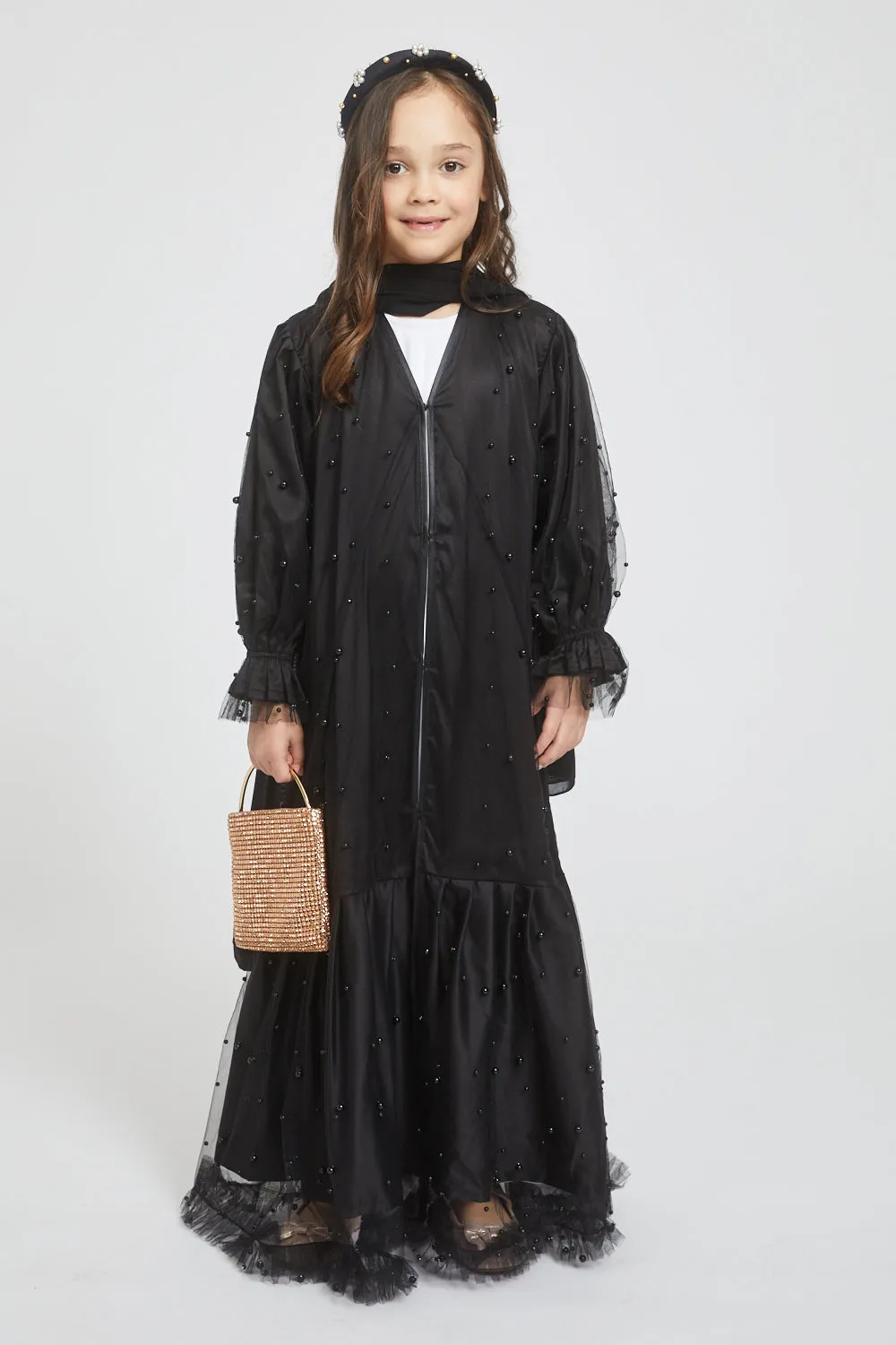 Junior Girls Tulle Open Abaya with Pearls and Frills - Black