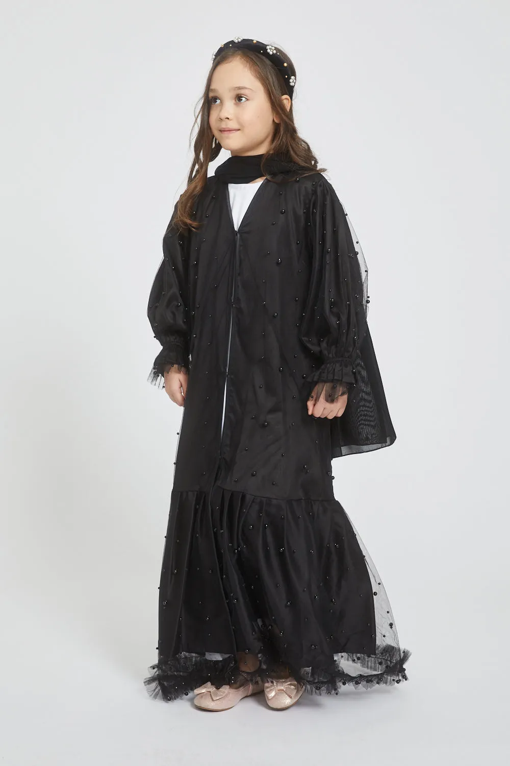 Junior Girls Tulle Open Abaya with Pearls and Frills - Black