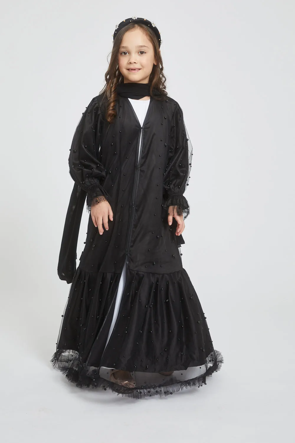 Junior Girls Tulle Open Abaya with Pearls and Frills - Black