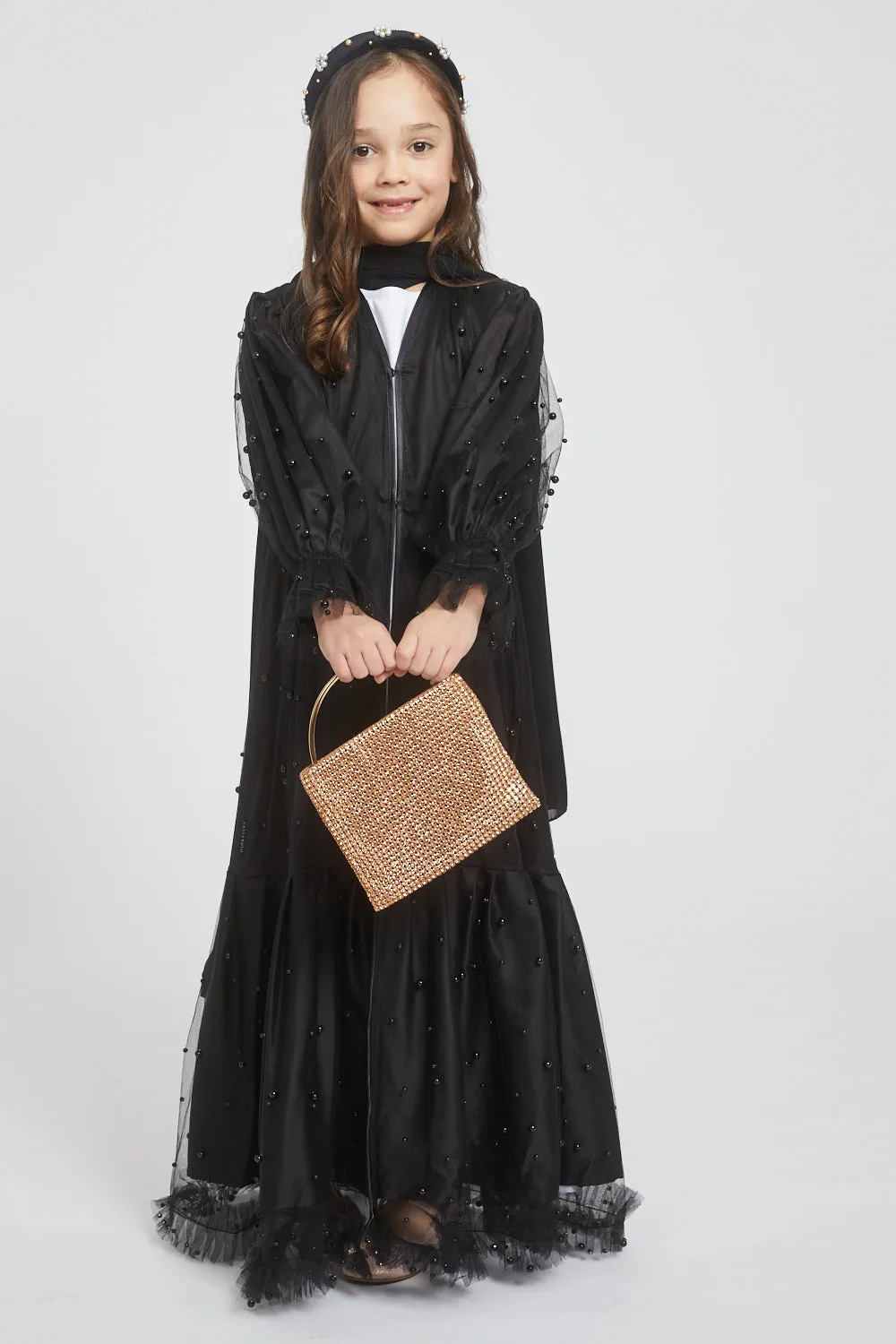 Junior Girls Tulle Open Abaya with Pearls and Frills - Black