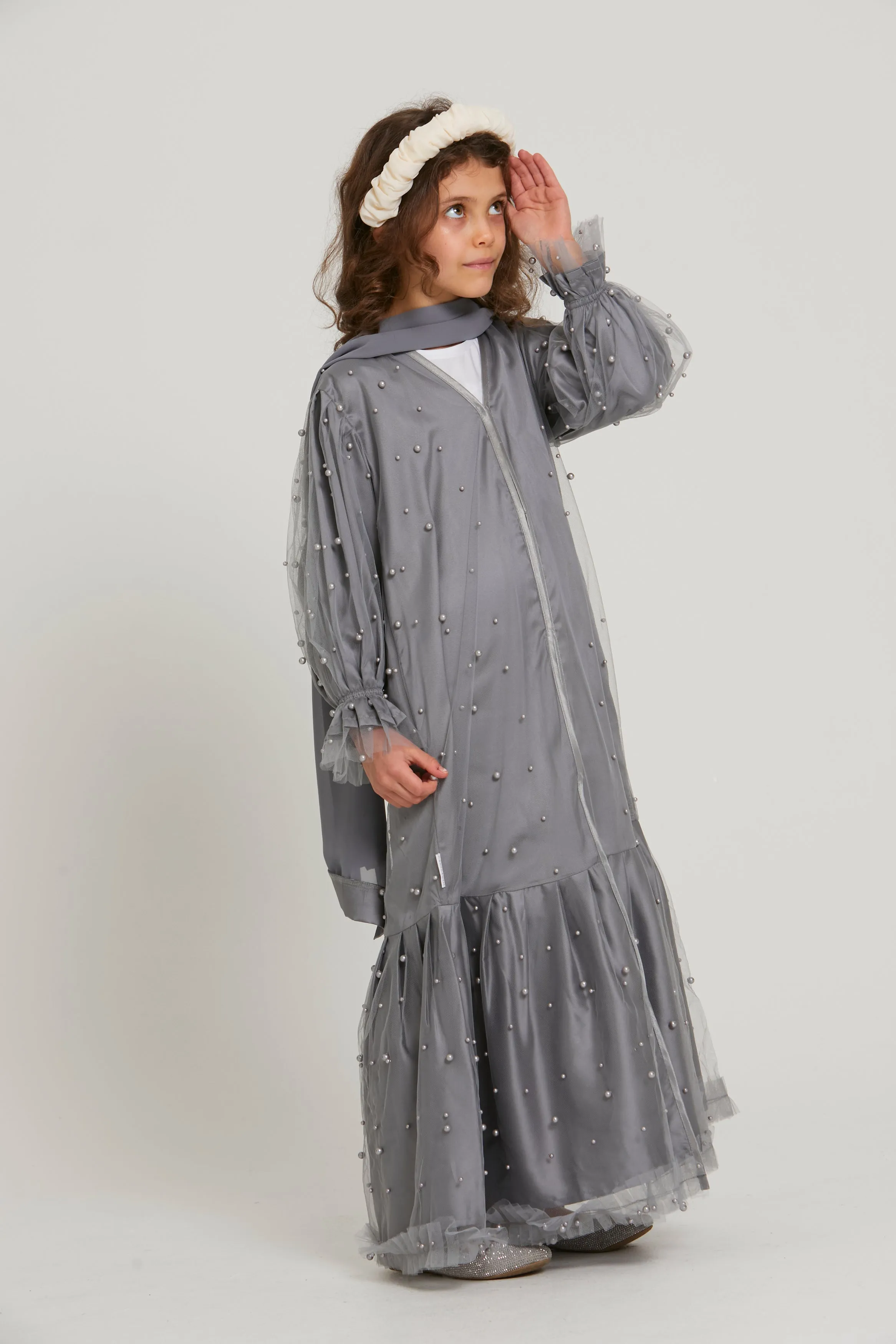 Junior Girls Tulle Open Abaya with Pearls and Frills - Grey