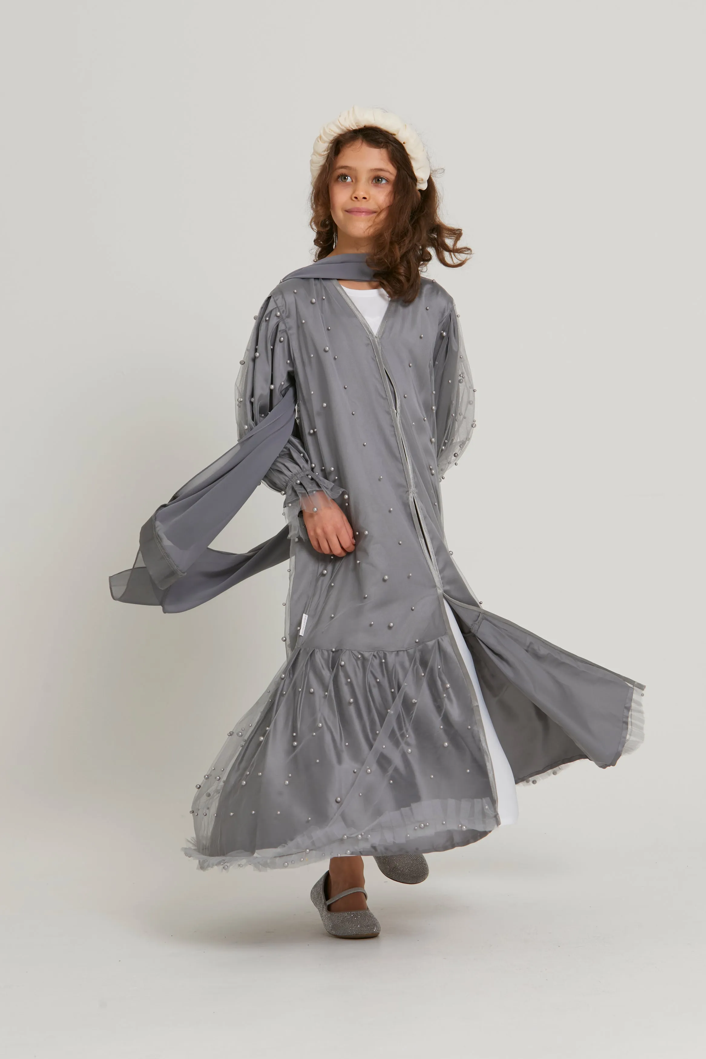 Junior Girls Tulle Open Abaya with Pearls and Frills - Grey