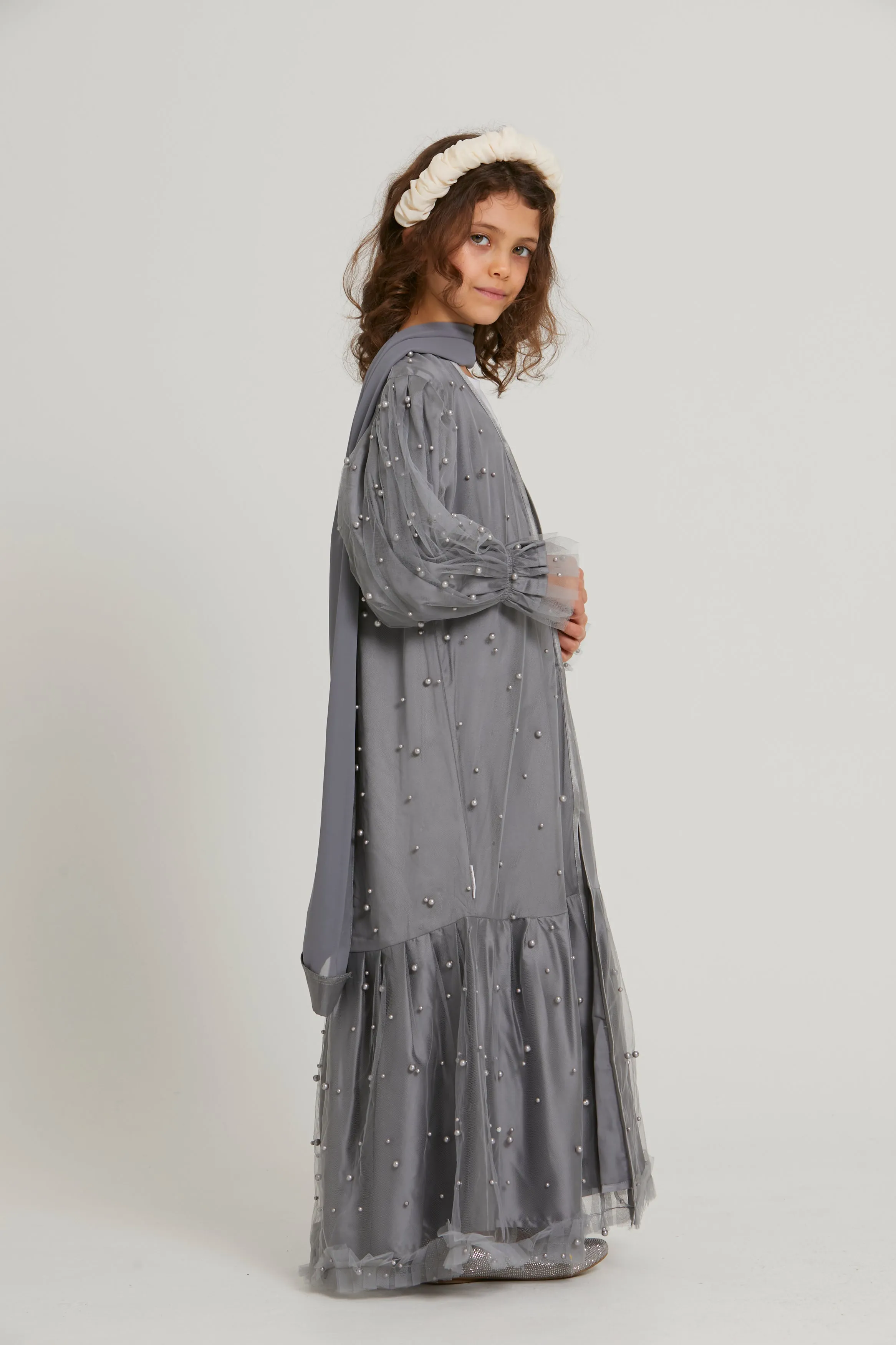 Junior Girls Tulle Open Abaya with Pearls and Frills - Grey