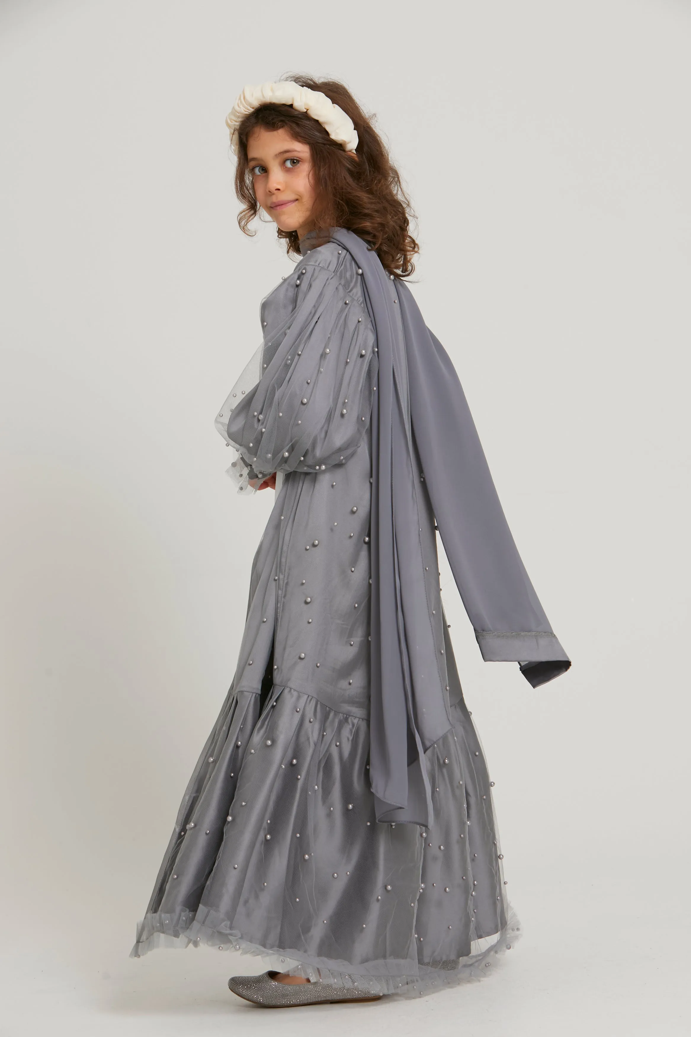 Junior Girls Tulle Open Abaya with Pearls and Frills - Grey