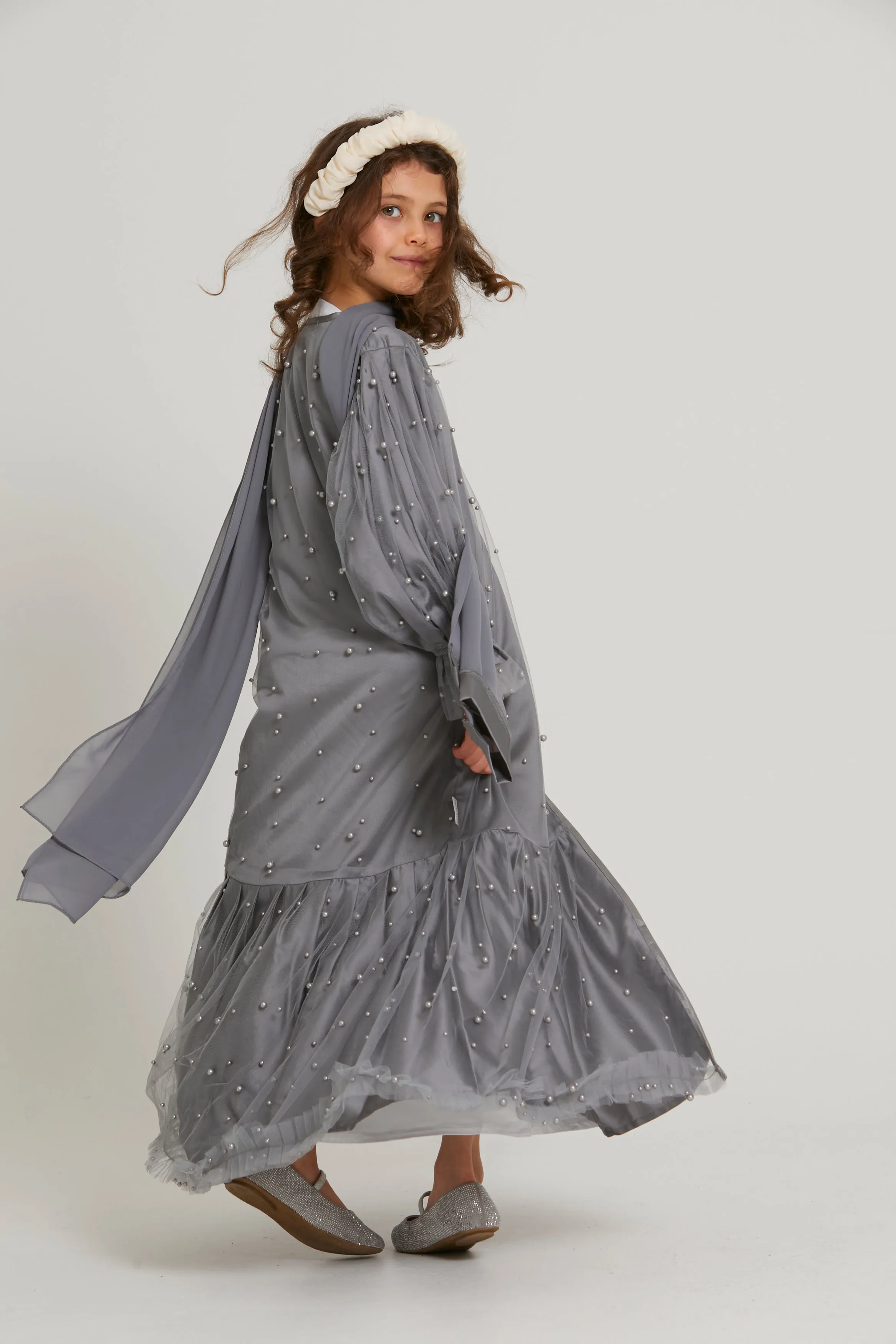 Junior Girls Tulle Open Abaya with Pearls and Frills - Grey