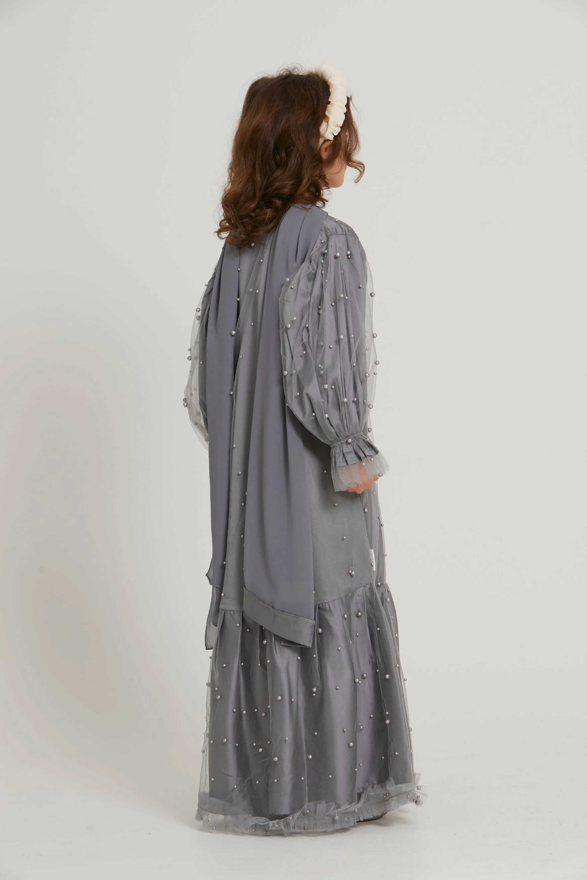 Junior Girls Tulle Open Abaya with Pearls and Frills - Grey