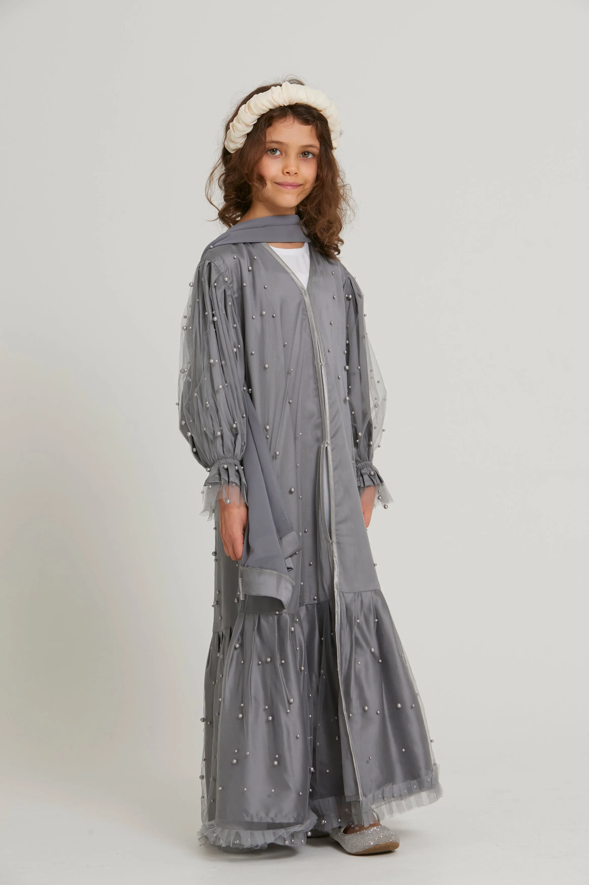 Junior Girls Tulle Open Abaya with Pearls and Frills - Grey