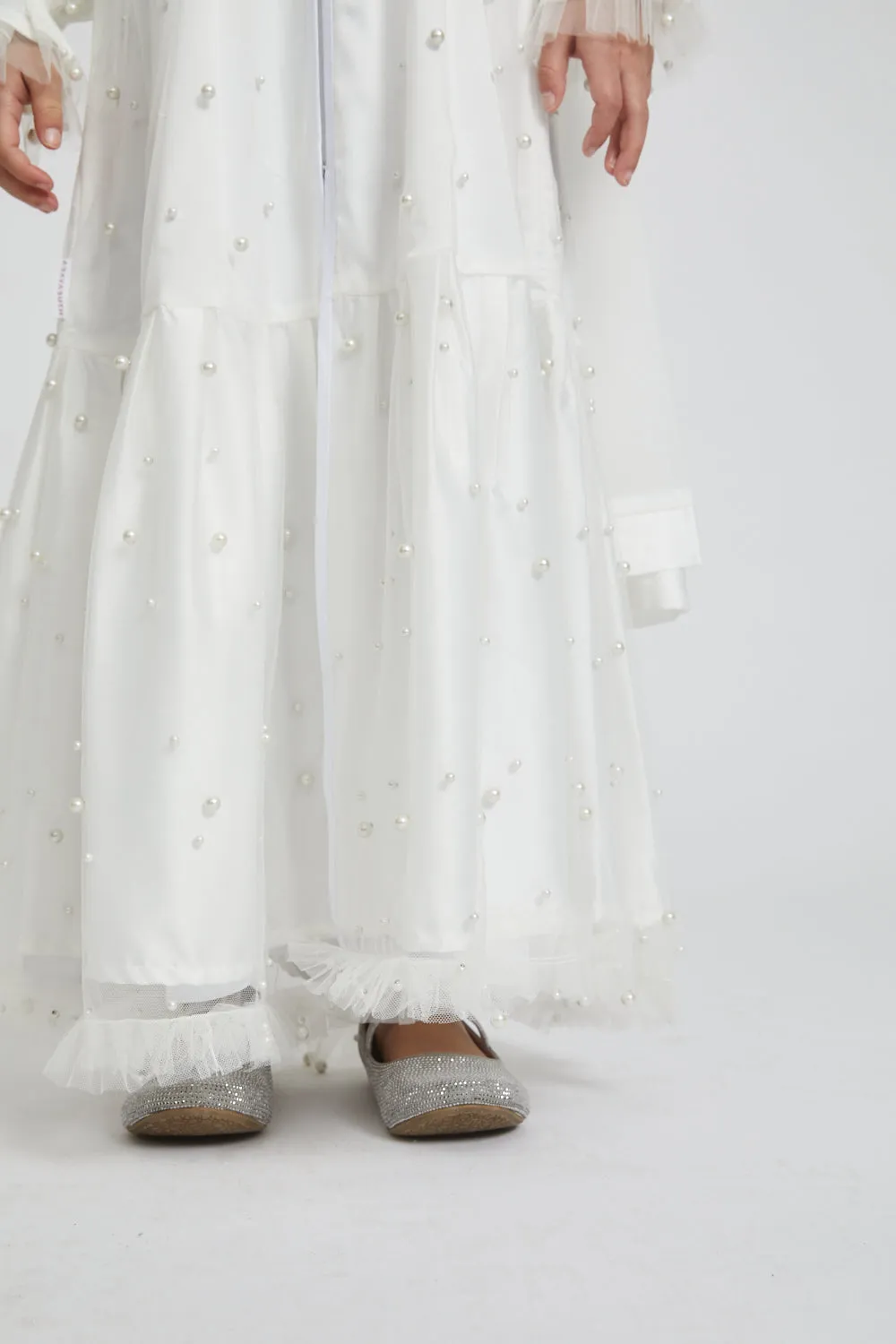 Junior Girls Tulle Open Abaya with Pearls and Frills - Off White