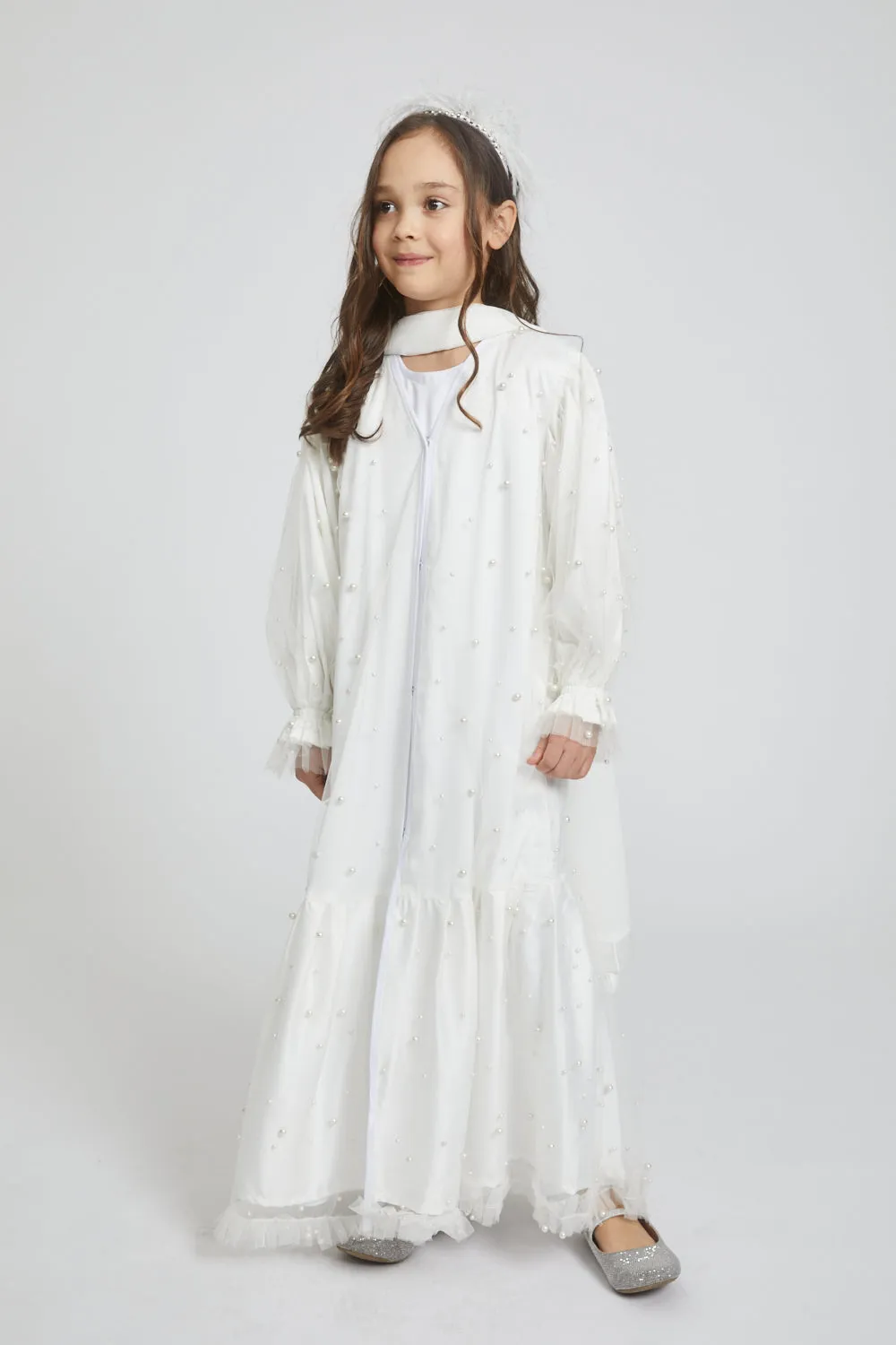 Junior Girls Tulle Open Abaya with Pearls and Frills - Off White