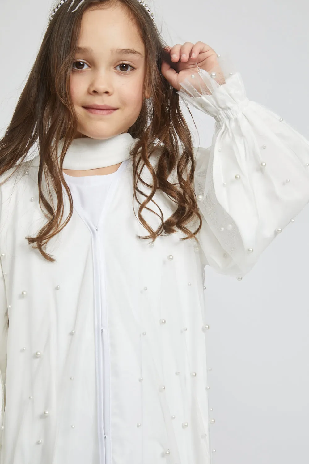 Junior Girls Tulle Open Abaya with Pearls and Frills - Off White