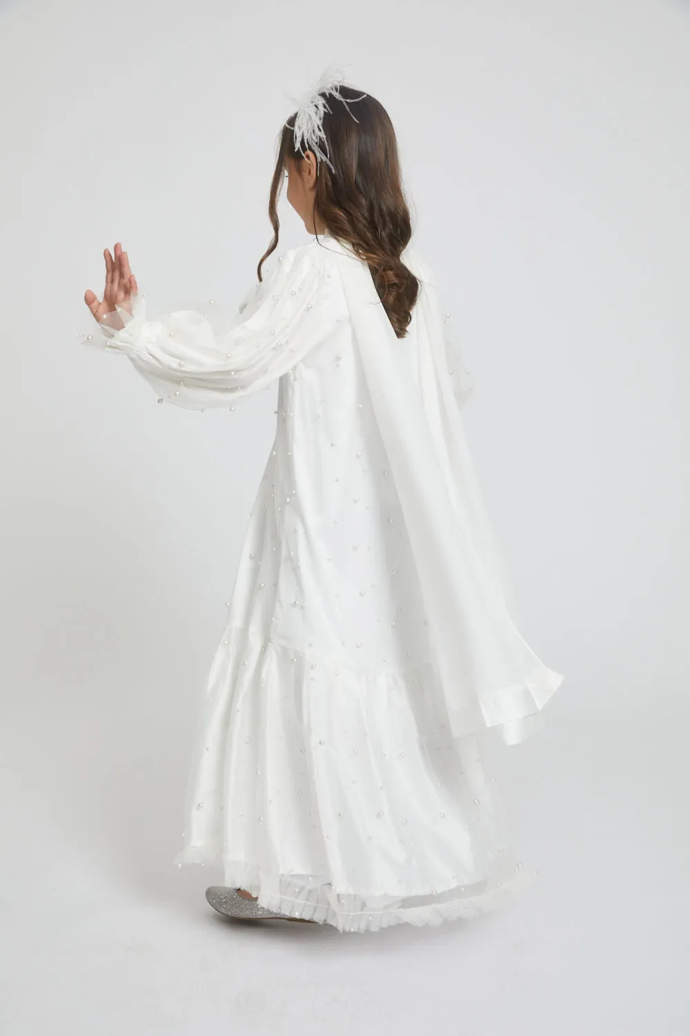 Junior Girls Tulle Open Abaya with Pearls and Frills - Off White