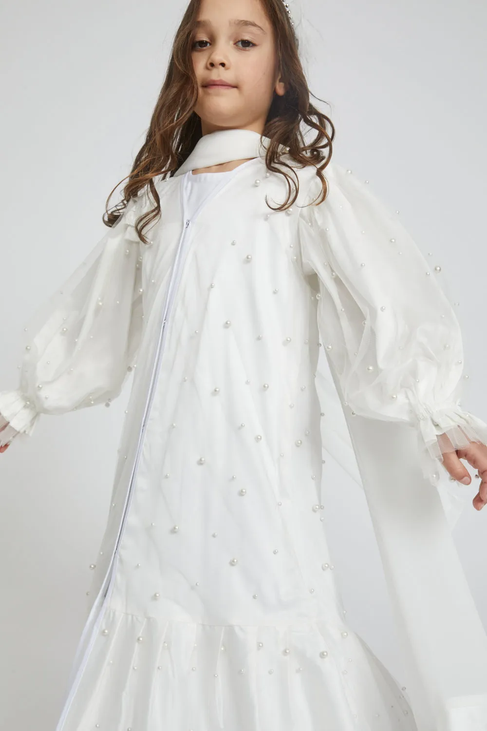 Junior Girls Tulle Open Abaya with Pearls and Frills - Off White