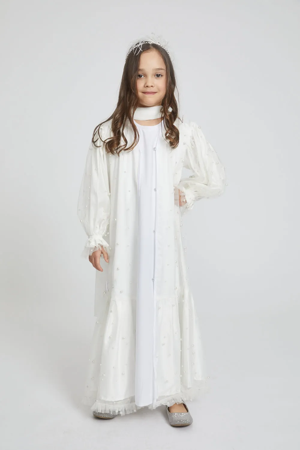 Junior Girls Tulle Open Abaya with Pearls and Frills - Off White