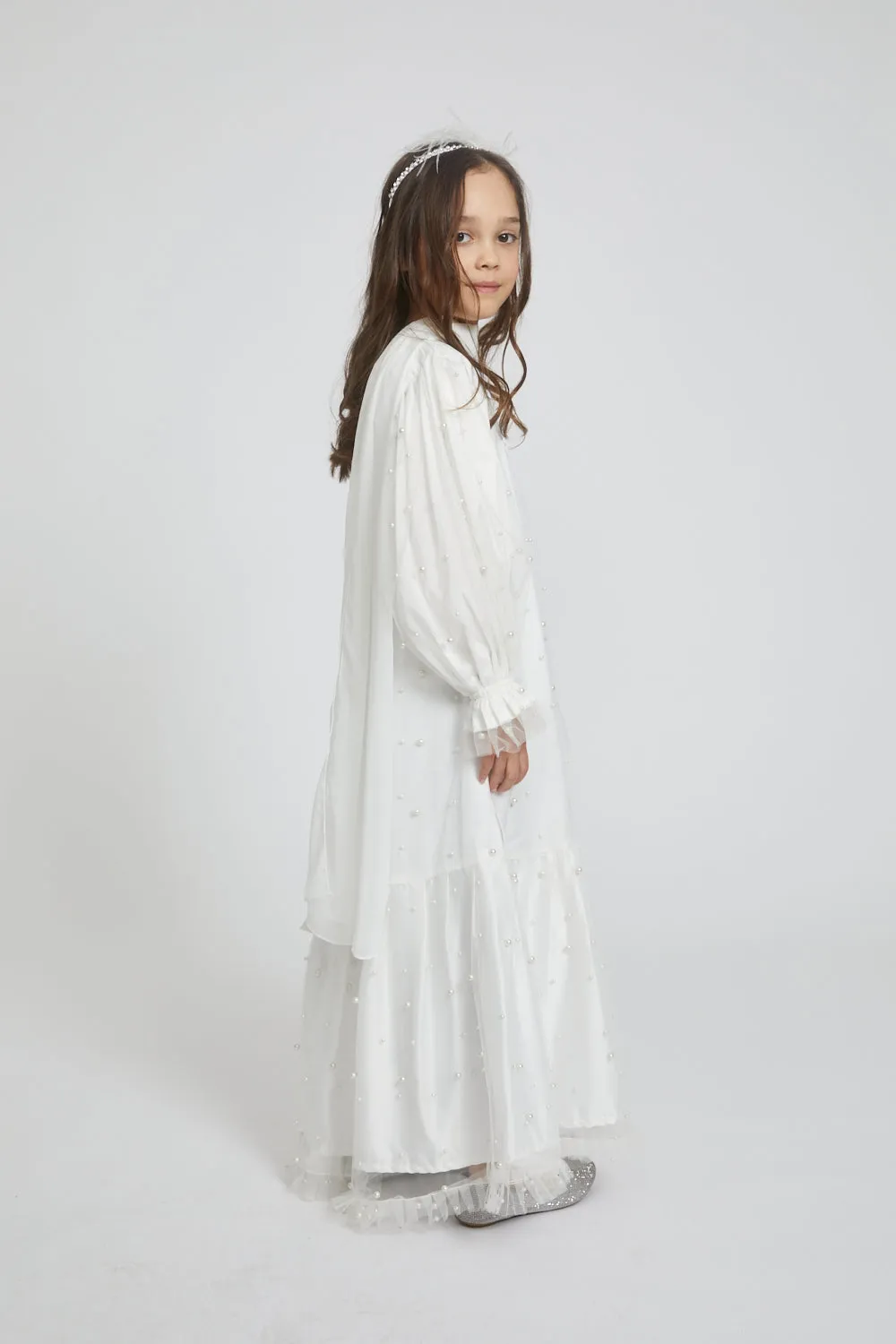 Junior Girls Tulle Open Abaya with Pearls and Frills - Off White