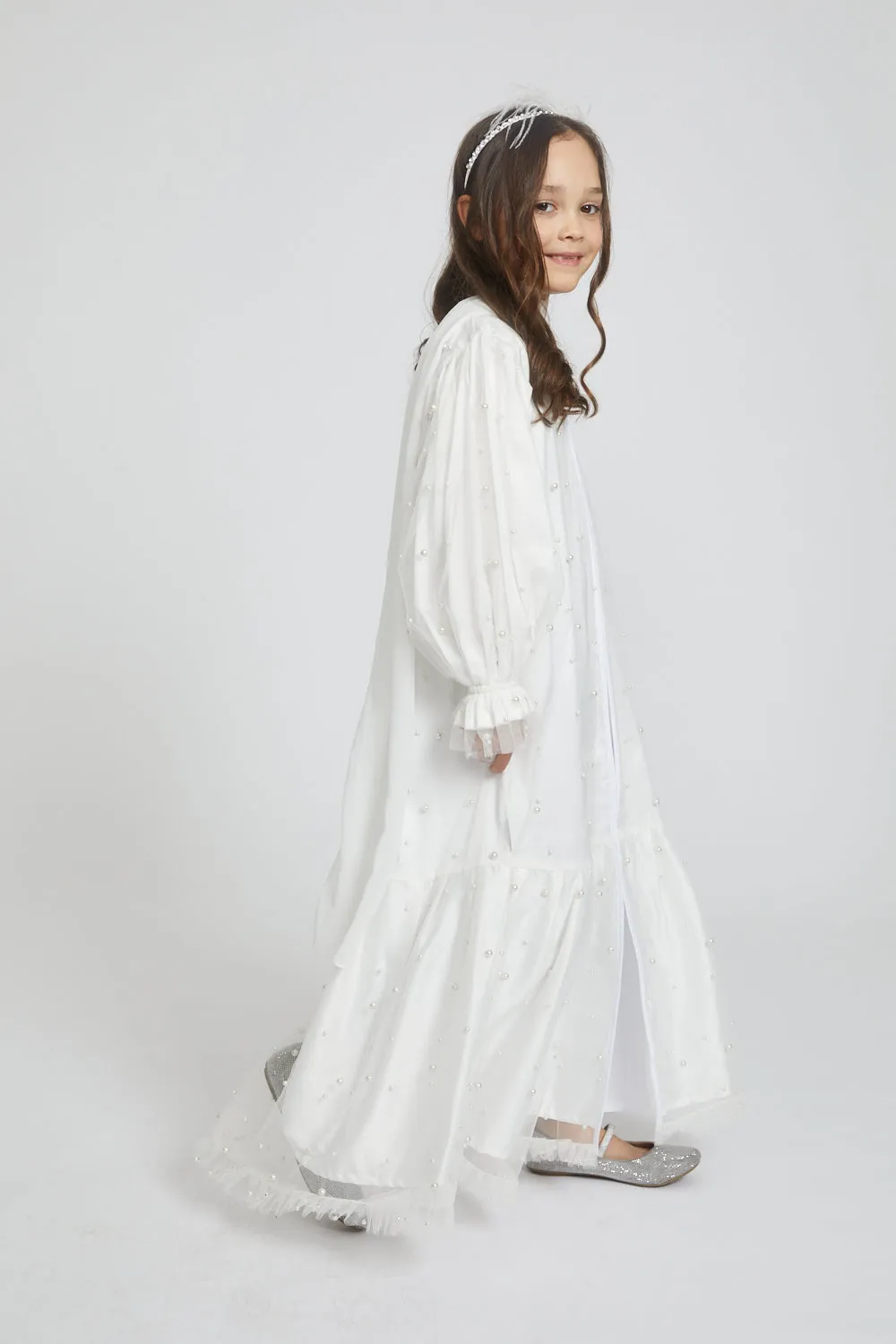 Junior Girls Tulle Open Abaya with Pearls and Frills - Off White