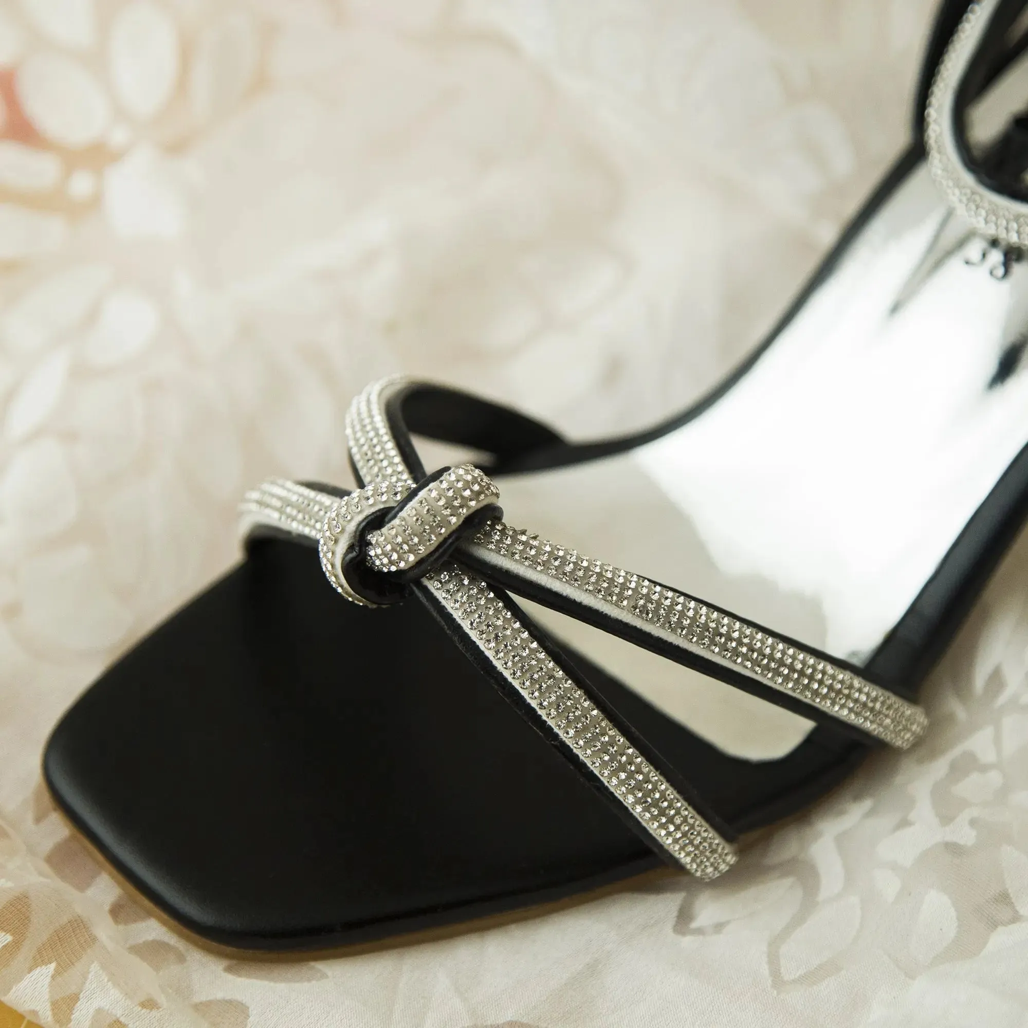 Knot & Rhinestone  Decor Sandals Black